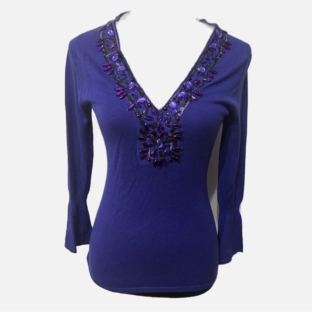 Magaschoni New York womens silk/cashmere Pullover Sweater Jeweled Purple Sz SML